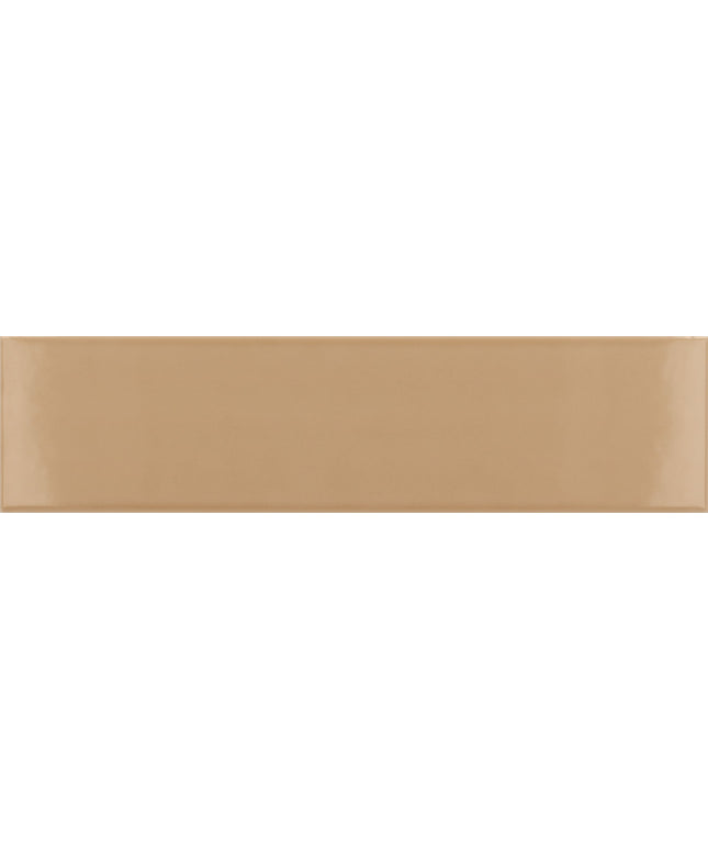 A glossy rectangular ceramic tile in a warm tan or camel shade, shown against a matching background.