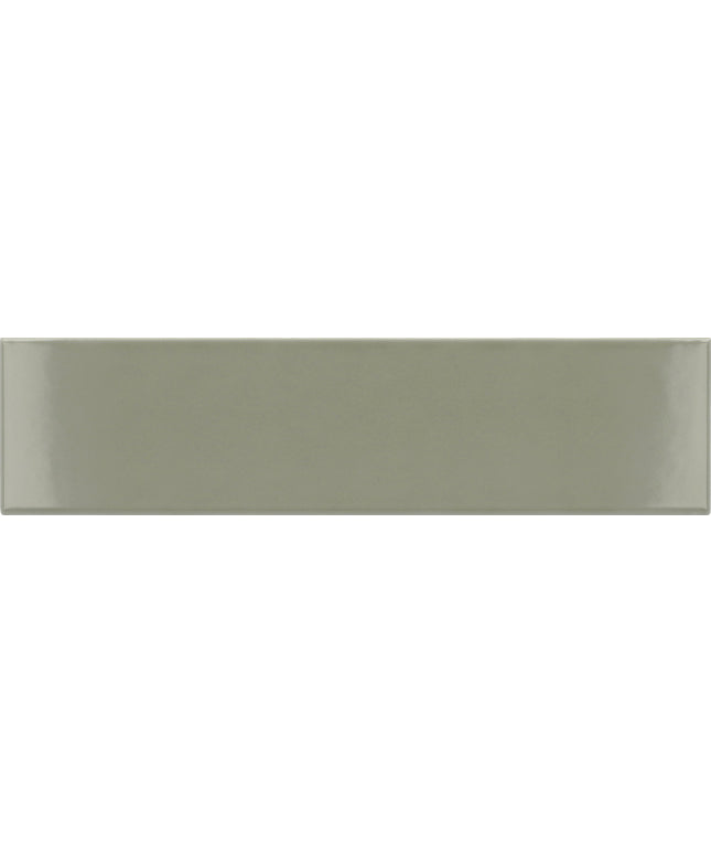 A rectangular glossy ceramic subway tile in a muted sage green color, shown flat against a matching background.