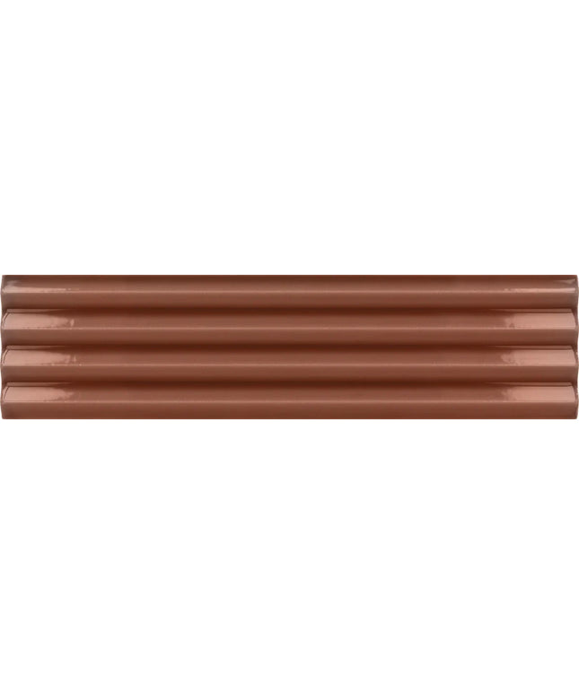 A close-up of a glossy, horizontally grooved brown surface, likely a ceramic or porcelain tile sample.