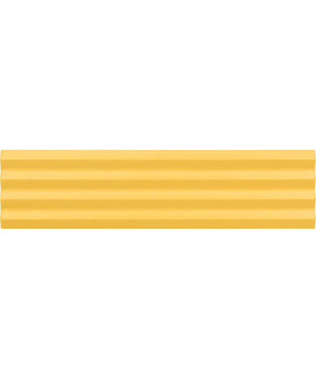 A close-up of a bright yellow ribbed material surface with horizontal ridges and a slightly wavy top edge.