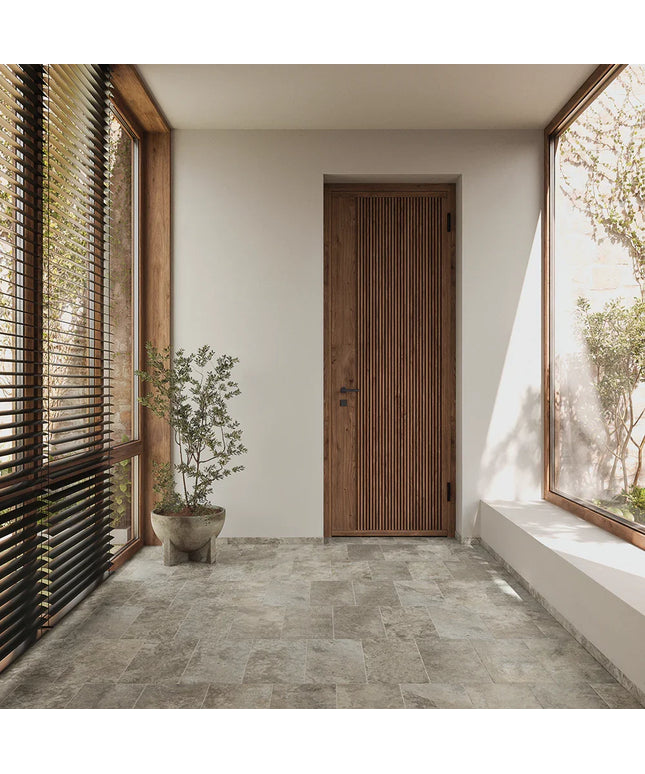 Modern interior with a wooden door, potted plant, and large windows.