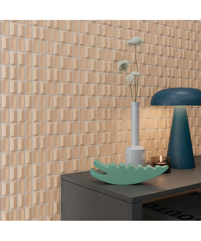 Diamond_topaz_matt-walls Decorative elements on a shelf against a patterned wall