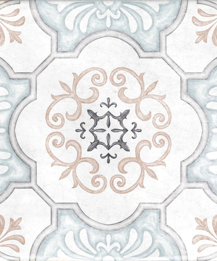 Decorative ceramic tile with blue, beige, and gray vintage floral pattern