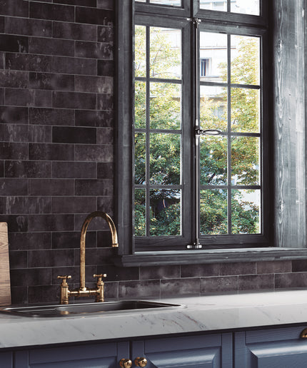 modern kitchen with subway tiles graphite 2x8