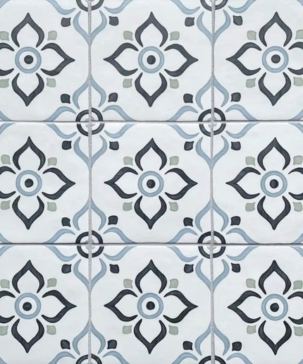 Patterned ceramic wall tiles with blue and gray floral geometric motifs