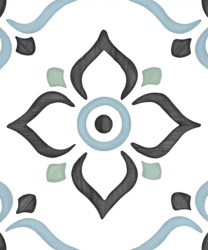Moroccan-style ceramic tile with black, blue, and green floral pattern on white background