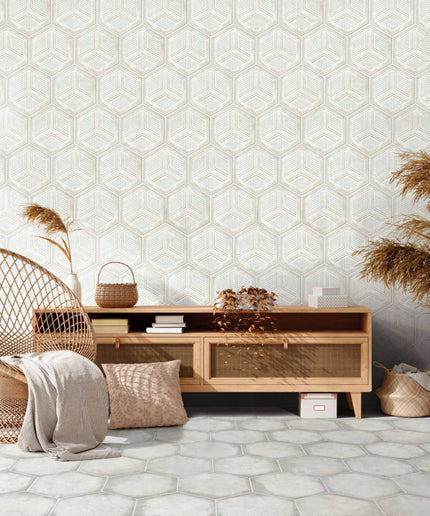 Modern living room with steel hexagon tile wall and floor, natural decor, rattan furniture