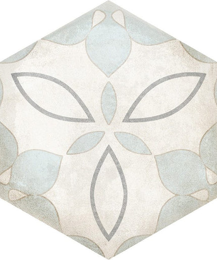 Hexagon tile with light blue floral pattern, ideal for kitchen backsplash or bathroom decor