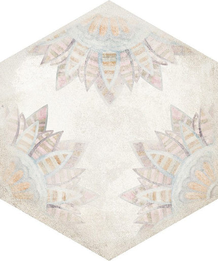 Hexagon tile with soft pastel floral pattern and textured white background, ideal for flooring or backsplash.