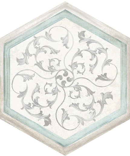 Hexagon tile with ornate gray floral pattern and light blue border, ideal for floor or backsplash.