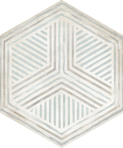 Hexagon tile with geometric striped pattern in soft grey and light blue tones