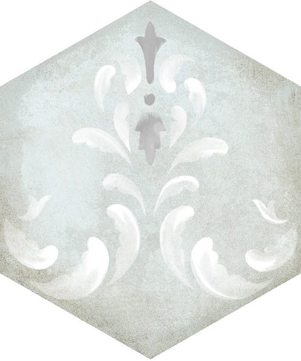 Hexagon tile with light blue and white vintage floral pattern, ideal for floor or backsplash.