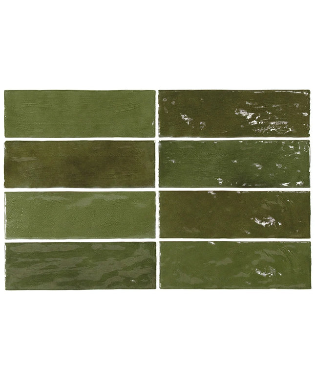 Nine green ceramic tiles of varying shades on a white background