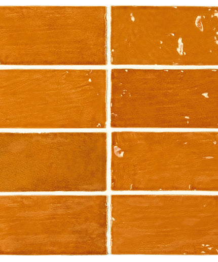 Six rectangular glossy terracotta orange tiles arranged in a 3-by-2 grid on a white background, showing different glaze finish variations.