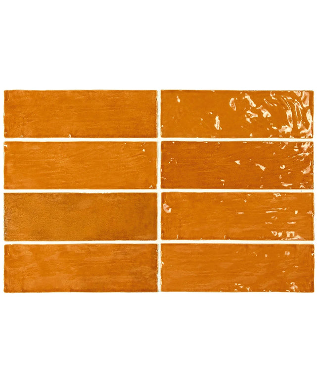 Six rectangular glossy terracotta orange tiles arranged in a 3-by-2 grid on a white background, showing different glaze finish variations.
