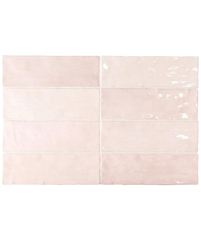 Set of pink tiles with clear plastic covers on a light pink background