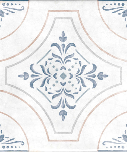 Decorative blue and white tile with ornate floral and geometric pattern, suitable for kitchen or bathroom.
