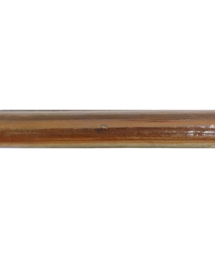 A close-up of a glossy brown wooden rod or handle against a plain white background.