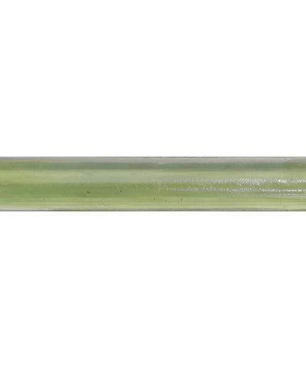 A close-up horizontal strip of glossy light olive green material against a white background, showing a smooth, slightly reflective surface.