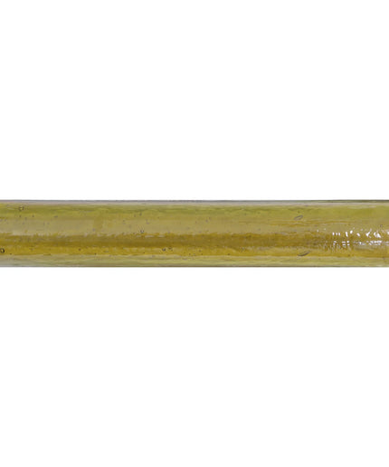 A close-up of a translucent olive green glass tube or rod against a solid white background.