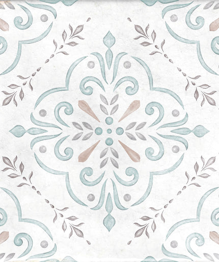 Decorative porcelain tile with blue, taupe, and gray floral and geometric patterns