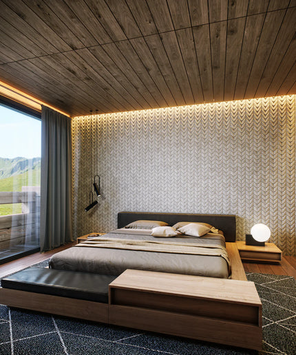 Modern bedroom with wooden ceiling and walls, featuring a bed and nightstands.