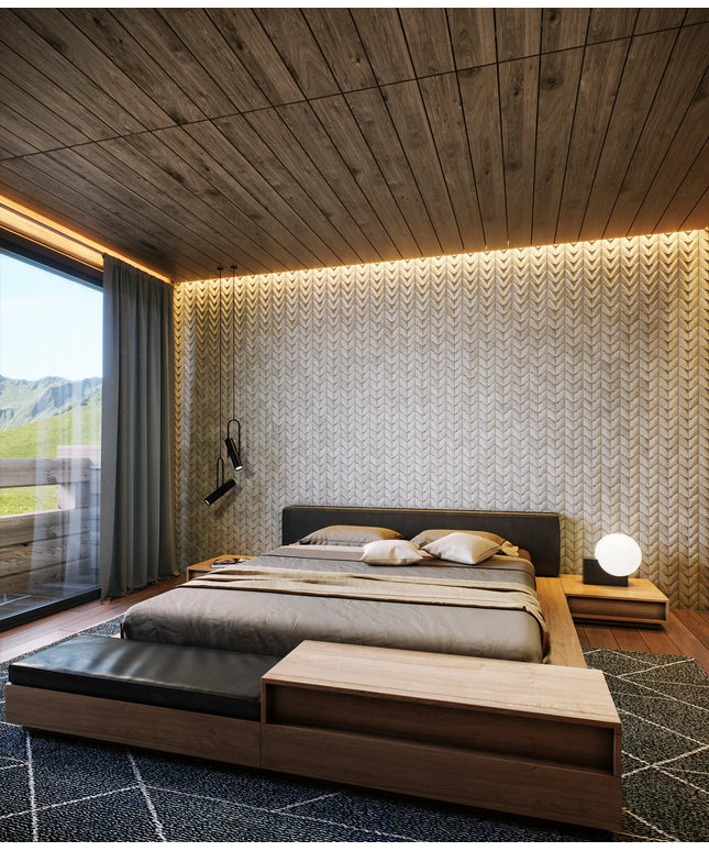 Modern bedroom with wooden ceiling and walls, featuring a bed and nightstands.