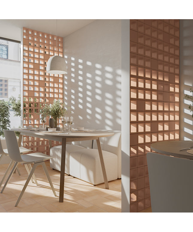 Modern dining area with wooden table and chairs, white walls, and a decorative wall panel.