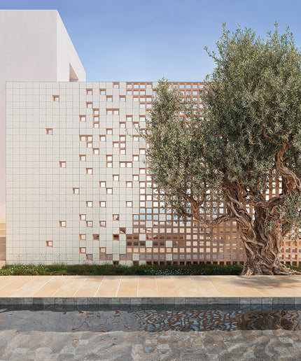 Modern building with geometric facade and olive tree by pool