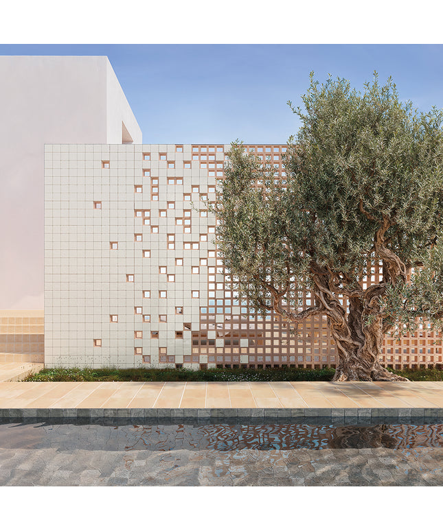 Modern building with geometric facade and olive tree by pool