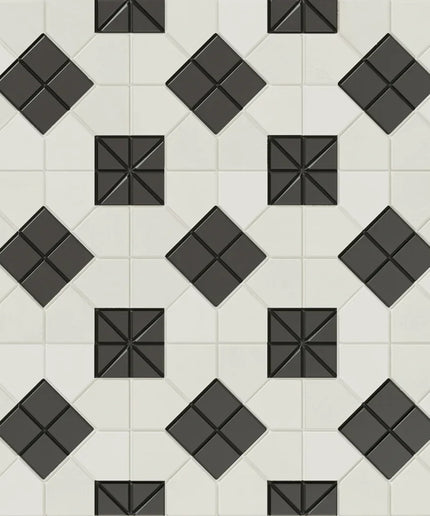 Black and white geometric tile pattern with raised diamond shapes, ideal for backsplash or floors