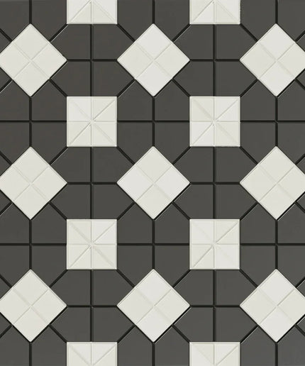 Black and white geometric mosaic tile with diamond and square pattern for floors or backsplash