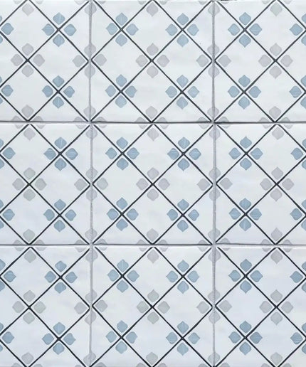 Blue and gray geometric patterned ceramic tiles for backsplash or bathroom walls.