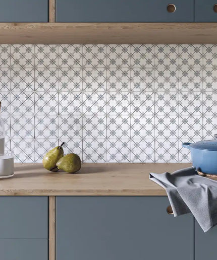 Geometric pattern kitchen backsplash tile with wood countertop and blue cabinets