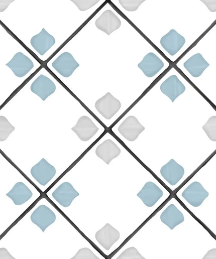 Geometric white tile with blue and gray accents, ideal for backsplash and bathroom decor