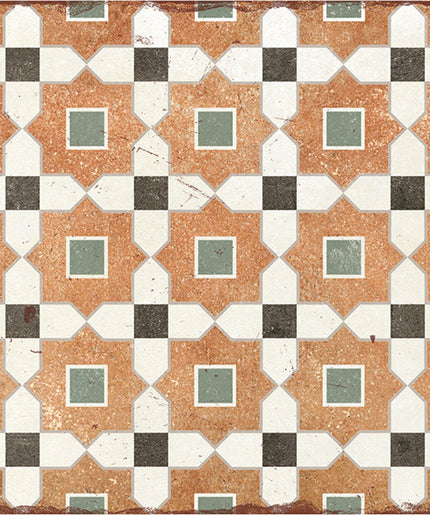 Geometric patterned floor tile with terracotta, white, green, and black squares