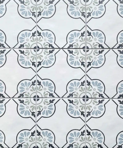 Patterned ceramic tiles with blue, green and gray floral motif for kitchen, bathroom or floor decor