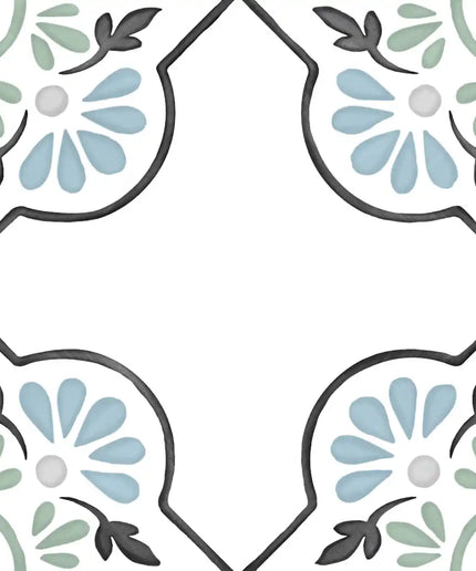 Decorative ceramic tile with blue, green, and black floral pattern on a white background