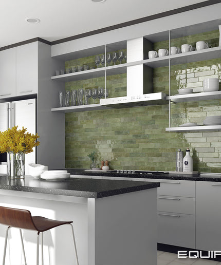 Modern kitchen with green tiled backsplash and white cabinets