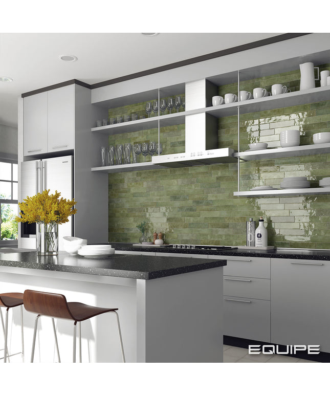 Modern kitchen with green tiled backsplash and white cabinets