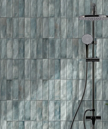 Blue rectangular shower wall tiles with modern shower fixture and green plant