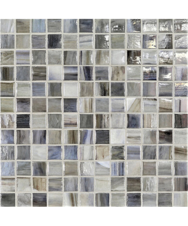 Mosaic pattern of glass tiles in various shades of gray and blue.