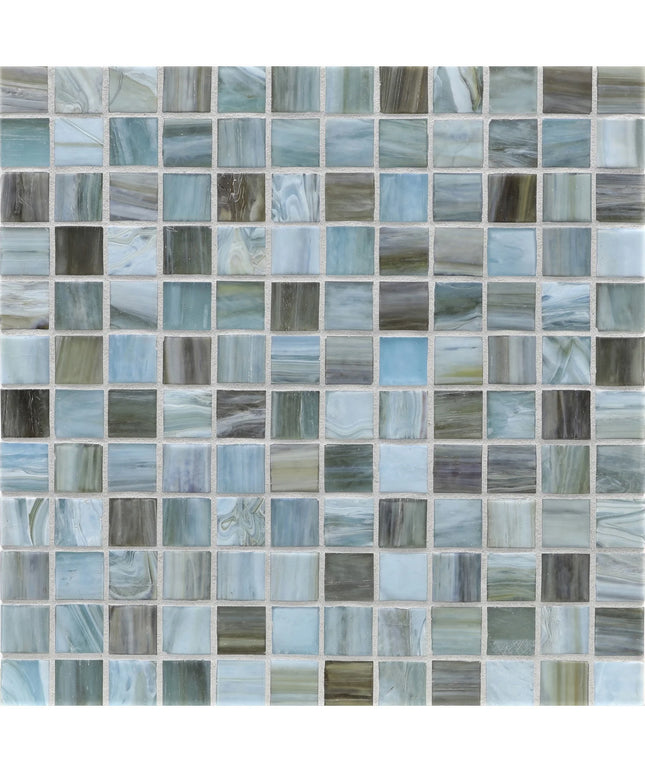Mosaic pattern of small square tiles in various shades of blue and gray.
