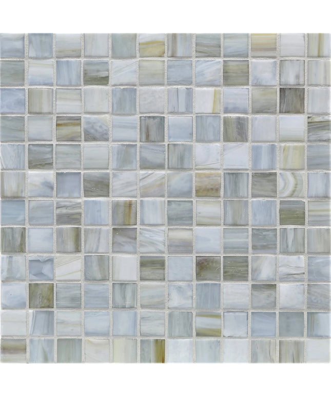 Mosaic tile pattern with small square tiles in various shades of gray and blue.