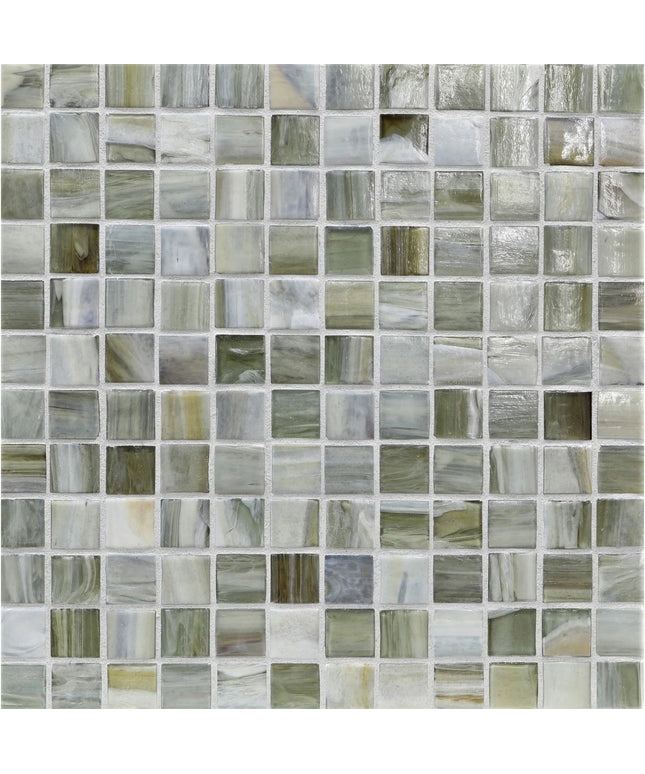 Pattern of small square tiles in various shades of gray and green.