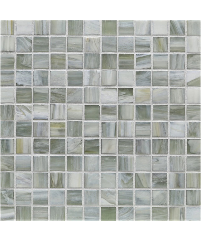 Mosaic pattern of square tiles in various shades of gray and green.