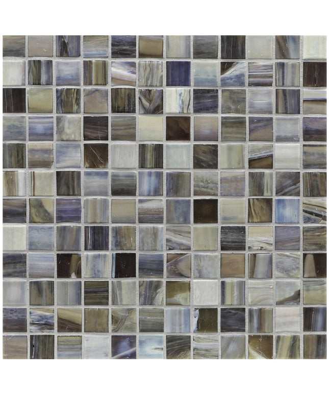 Mosaic pattern of square tiles in various shades of brown and gray
