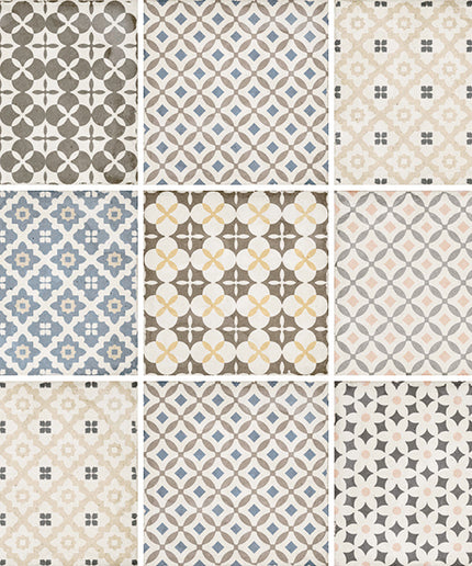 Grid of various patterned tiles in neutral colors