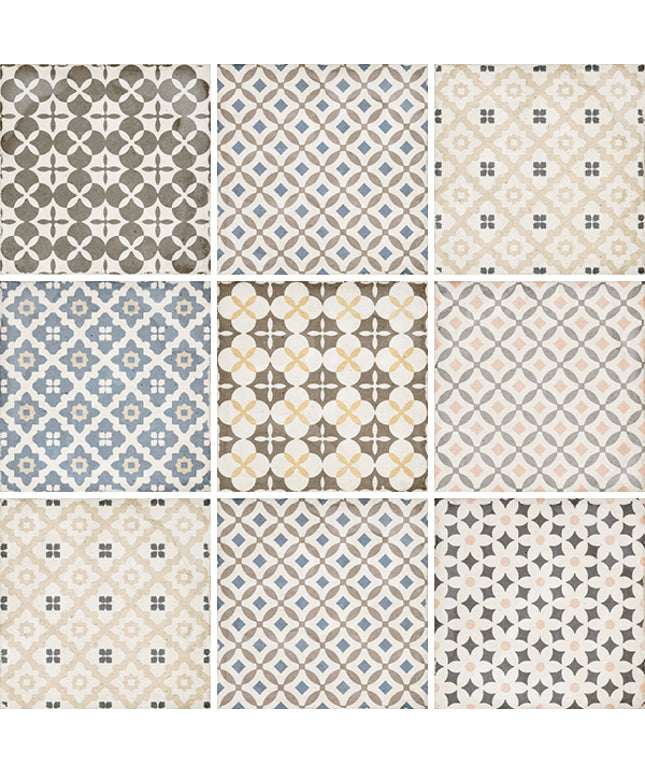 Grid of various patterned tiles in neutral colors