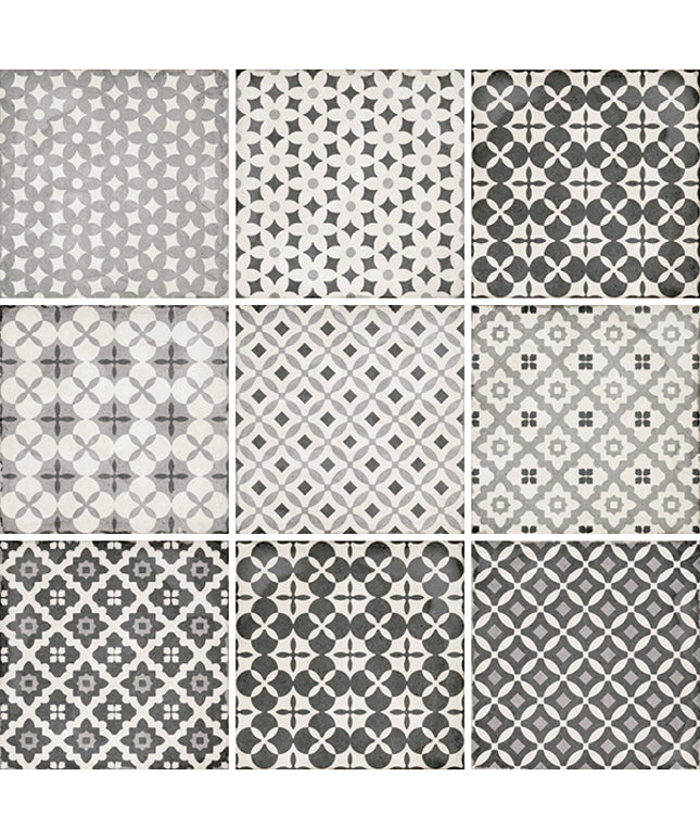 A 3x3 grid of nine square tiles, each showing a different geometric and floral pattern in shades of gray, white, and light gray.